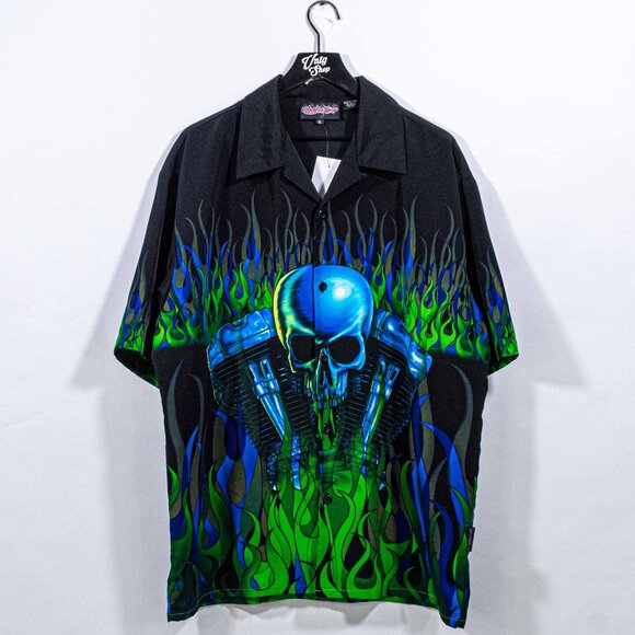 Sapphire Lounge Skull Motorcycle Flame Short Sleeve Button Shirt Loop Collar XL - Picture 1 of 6